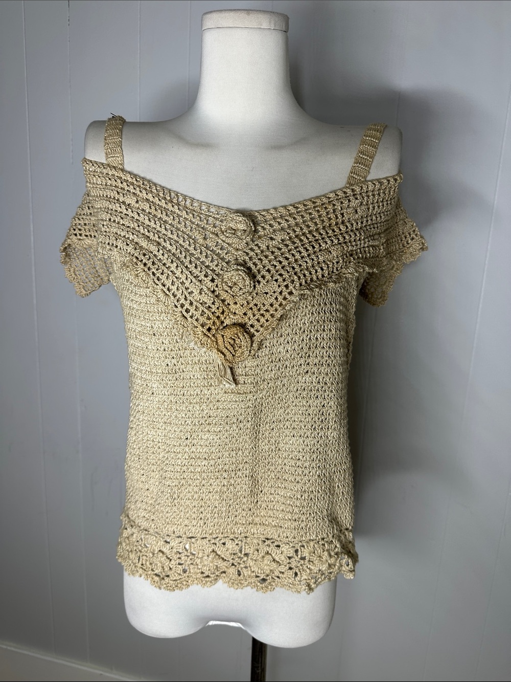 Vintage Tea Colored 70s Does Victorian Crochet Blouse